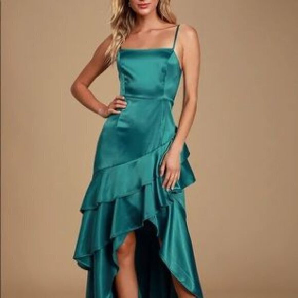 Lulus Yori Teal Green Satin Ruffled High-Low Maxi Dress - Picture 6 of 16